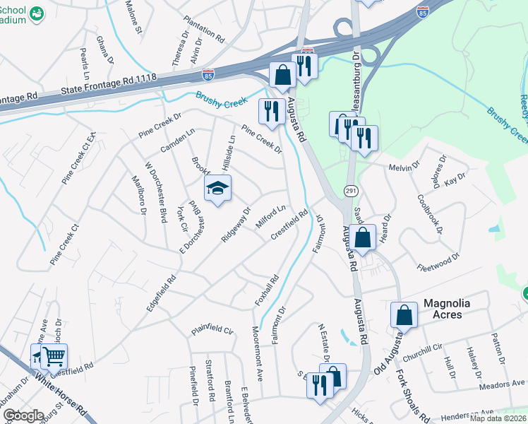 map of restaurants, bars, coffee shops, grocery stores, and more near 10 Milford Lane in Greenville