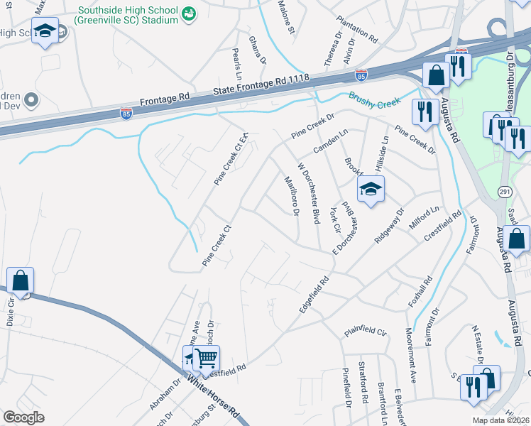 map of restaurants, bars, coffee shops, grocery stores, and more near 838 Pine Creek Drive in Greenville