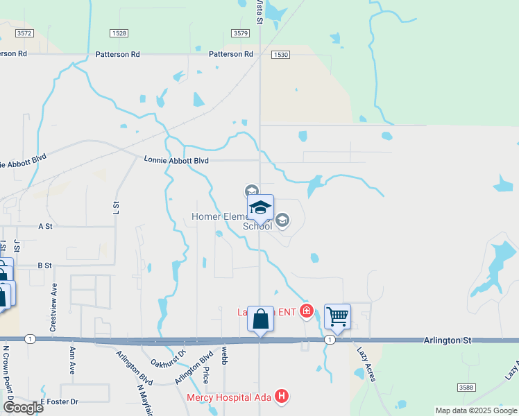 map of restaurants, bars, coffee shops, grocery stores, and more near 1320-1508 North Monte Vista Street in Ada