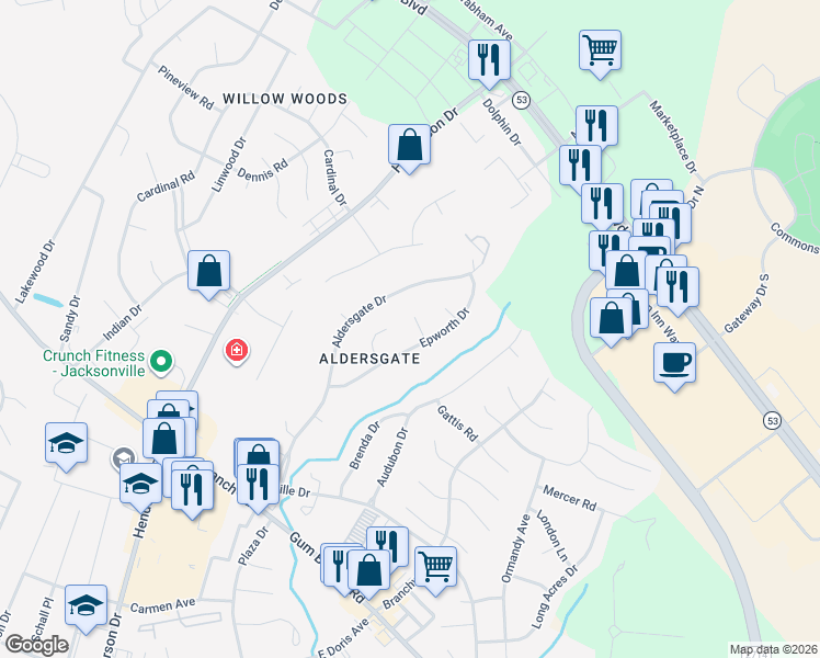 map of restaurants, bars, coffee shops, grocery stores, and more near 103 Bradford Court in Jacksonville