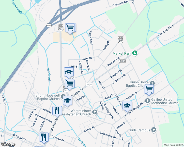 map of restaurants, bars, coffee shops, grocery stores, and more near 1019 North Main Street in Laurinburg
