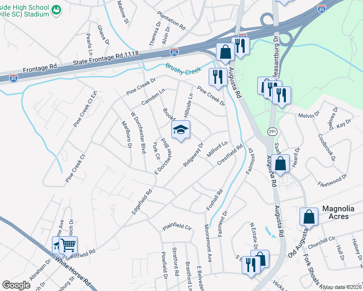map of restaurants, bars, coffee shops, grocery stores, and more near 29 Ridgeway Drive in Greenville