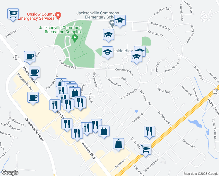 map of restaurants, bars, coffee shops, grocery stores, and more near 339 Providence Drive in Jacksonville