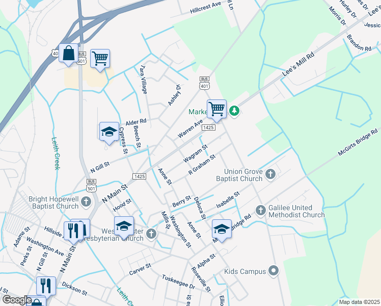 map of restaurants, bars, coffee shops, grocery stores, and more near 504 Wagram Street in Laurinburg