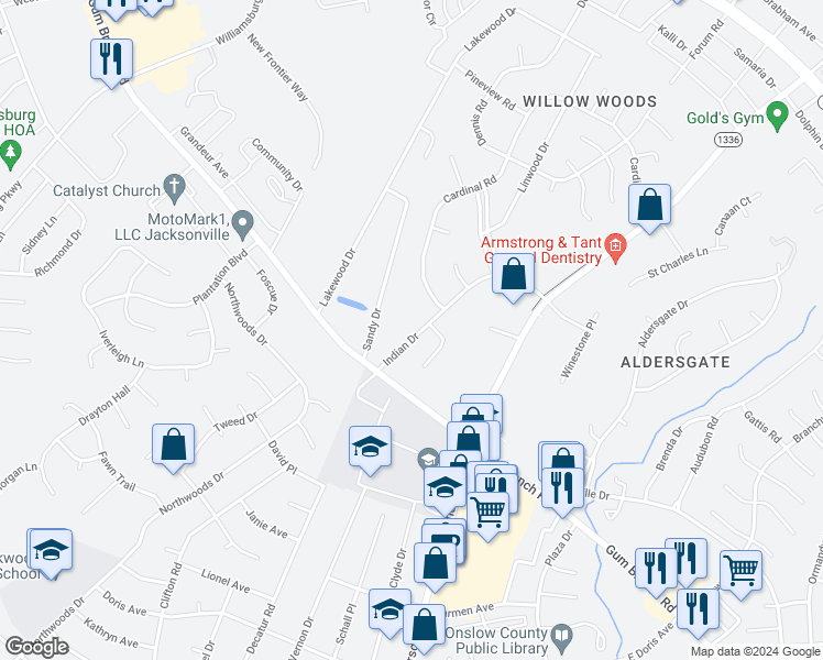 map of restaurants, bars, coffee shops, grocery stores, and more near 2322 Indian Drive in Jacksonville