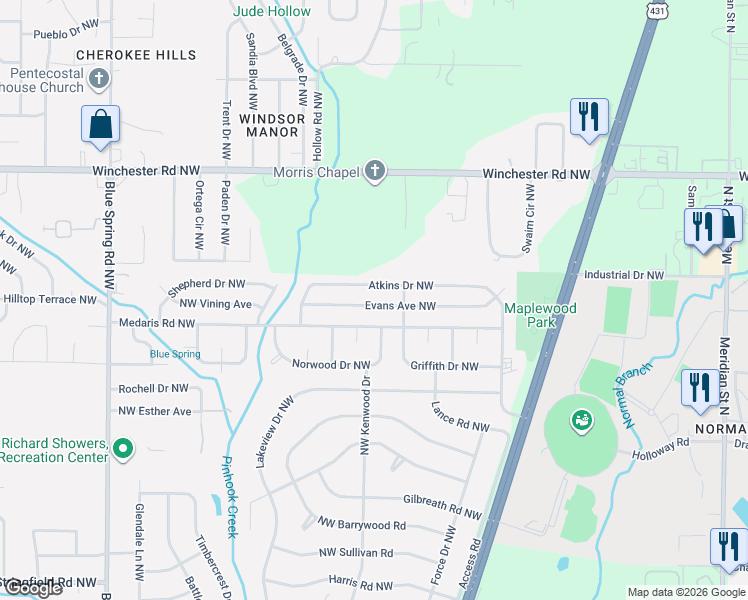 map of restaurants, bars, coffee shops, grocery stores, and more near 2213 Evans Avenue Northwest in Huntsville