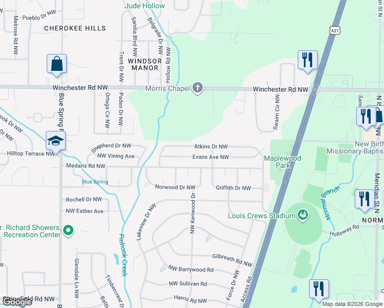 map of restaurants, bars, coffee shops, grocery stores, and more near 2213 Evans Avenue Northwest in Huntsville