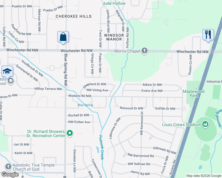map of restaurants, bars, coffee shops, grocery stores, and more near 4902 Burros Street Northwest in Huntsville