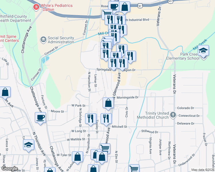 map of restaurants, bars, coffee shops, grocery stores, and more near 1103 North Glenwood Avenue in Dalton