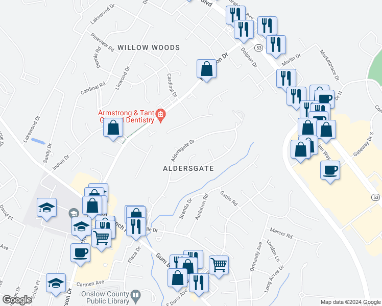 map of restaurants, bars, coffee shops, grocery stores, and more near 109 Wesleyan Court in Jacksonville