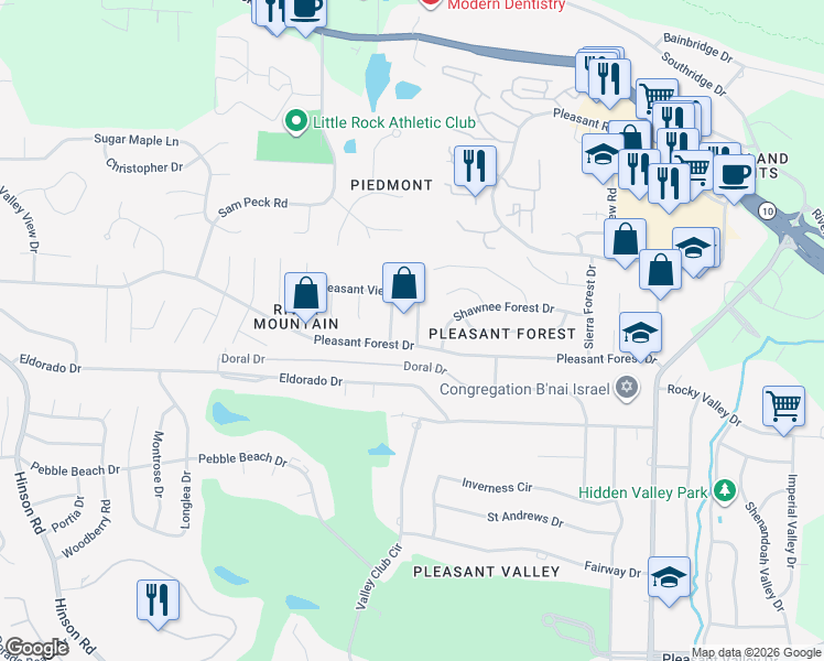 map of restaurants, bars, coffee shops, grocery stores, and more near 12420 Pleasant Forest Drive in Little Rock