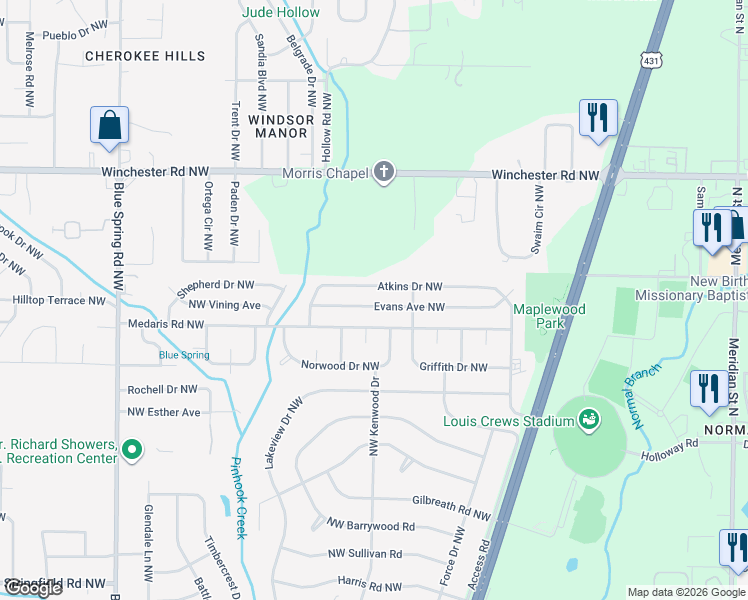 map of restaurants, bars, coffee shops, grocery stores, and more near 2213 Evans Avenue Northwest in Huntsville