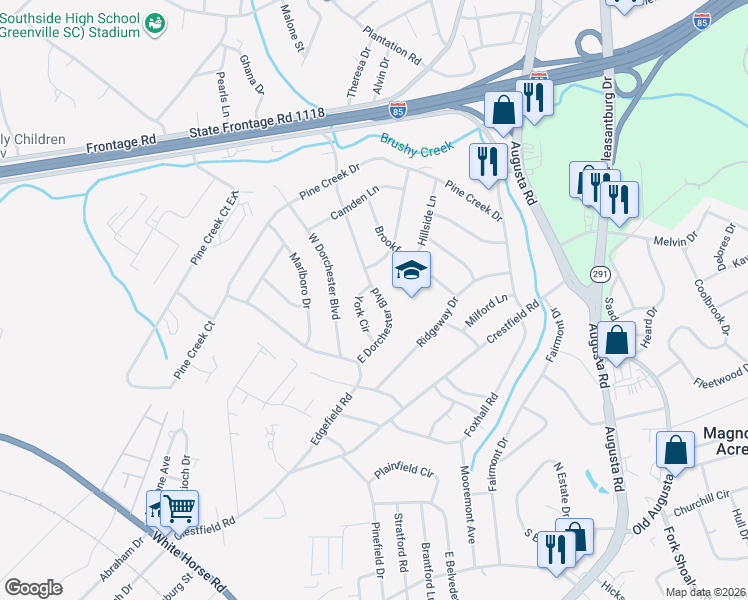 map of restaurants, bars, coffee shops, grocery stores, and more near 302 East Dorchester Boulevard in Greenville