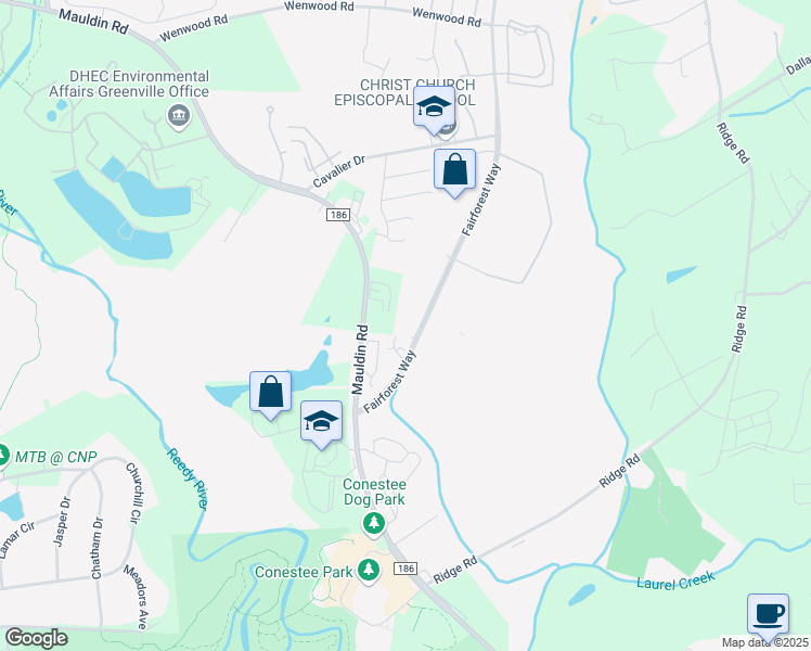 map of restaurants, bars, coffee shops, grocery stores, and more near 460 Fairforest Way in Greenville