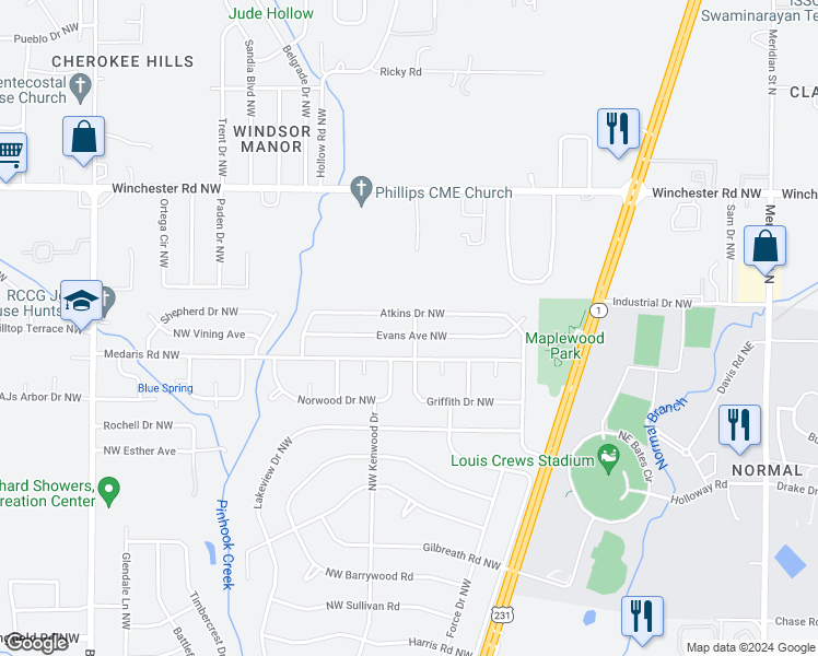 map of restaurants, bars, coffee shops, grocery stores, and more near 2200 Evans Avenue Northwest in Huntsville