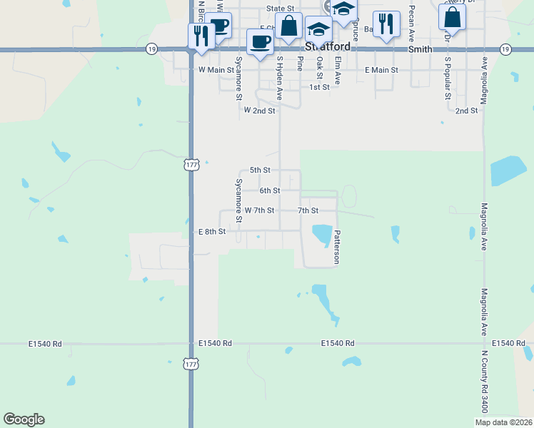 map of restaurants, bars, coffee shops, grocery stores, and more near 730 South Hyden in Stratford