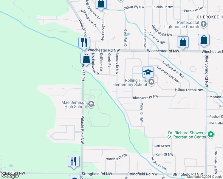 map of restaurants, bars, coffee shops, grocery stores, and more near 4806 Lumary Circle in Huntsville