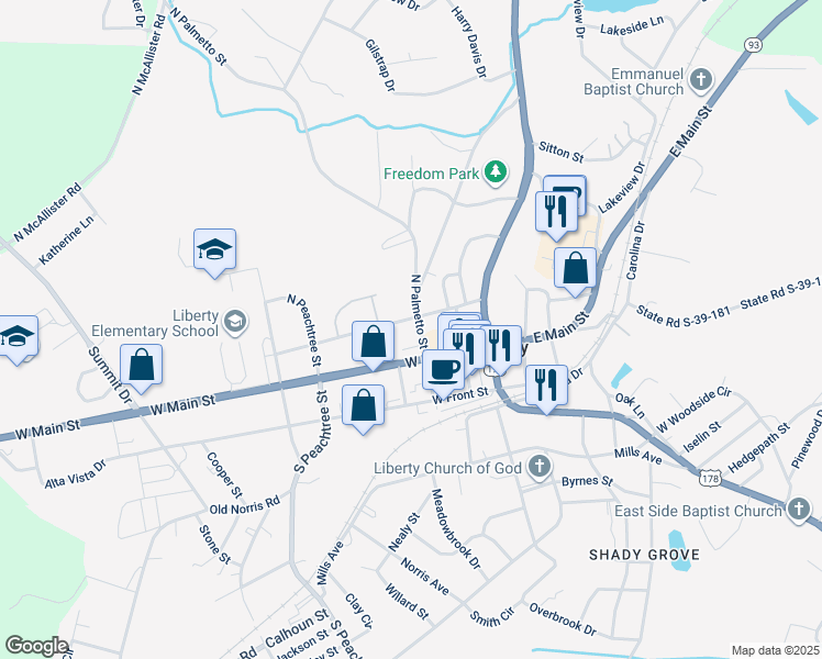 map of restaurants, bars, coffee shops, grocery stores, and more near 21 North Palmetto Street in Liberty