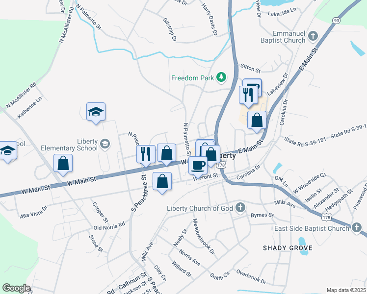 map of restaurants, bars, coffee shops, grocery stores, and more near 21 North Palmetto Street in Liberty