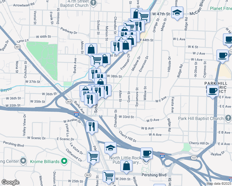 map of restaurants, bars, coffee shops, grocery stores, and more near 722 West 36th Street in North Little Rock