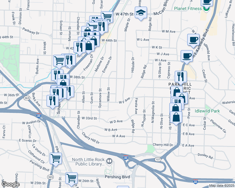 map of restaurants, bars, coffee shops, grocery stores, and more near 3520 Orange Street in North Little Rock