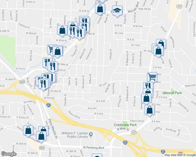 map of restaurants, bars, coffee shops, grocery stores, and more near 3505 Orange Street in North Little Rock