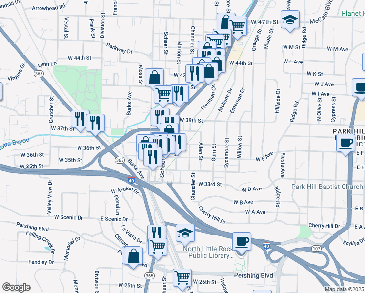 map of restaurants, bars, coffee shops, grocery stores, and more near 3500 Marion Street in North Little Rock