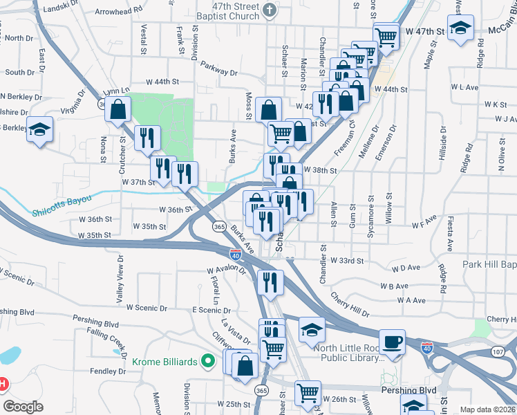 map of restaurants, bars, coffee shops, grocery stores, and more near 1109 West 35th Street in North Little Rock