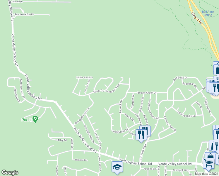 map of restaurants, bars, coffee shops, grocery stores, and more near 235 Devils Kitchen Drive in Sedona