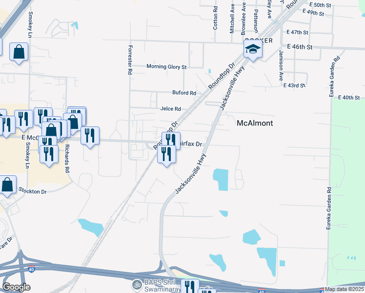 map of restaurants, bars, coffee shops, grocery stores, and more near 67 North Plaza in North Little Rock