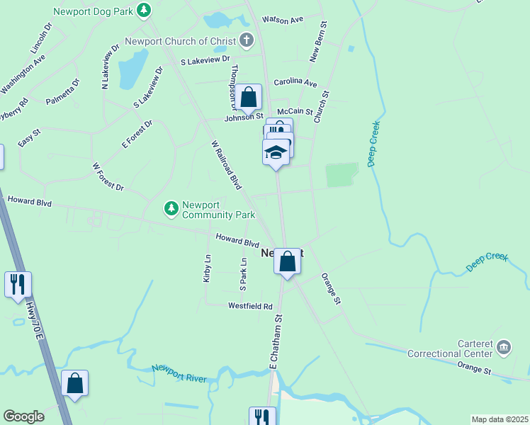 map of restaurants, bars, coffee shops, grocery stores, and more near E Railroad Blvd in Newport