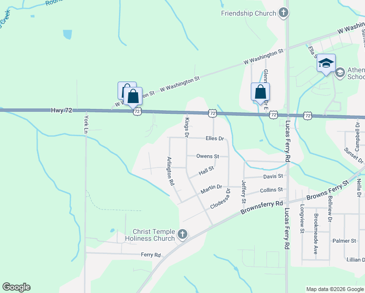 map of restaurants, bars, coffee shops, grocery stores, and more near 15671 Kings Drive in Athens