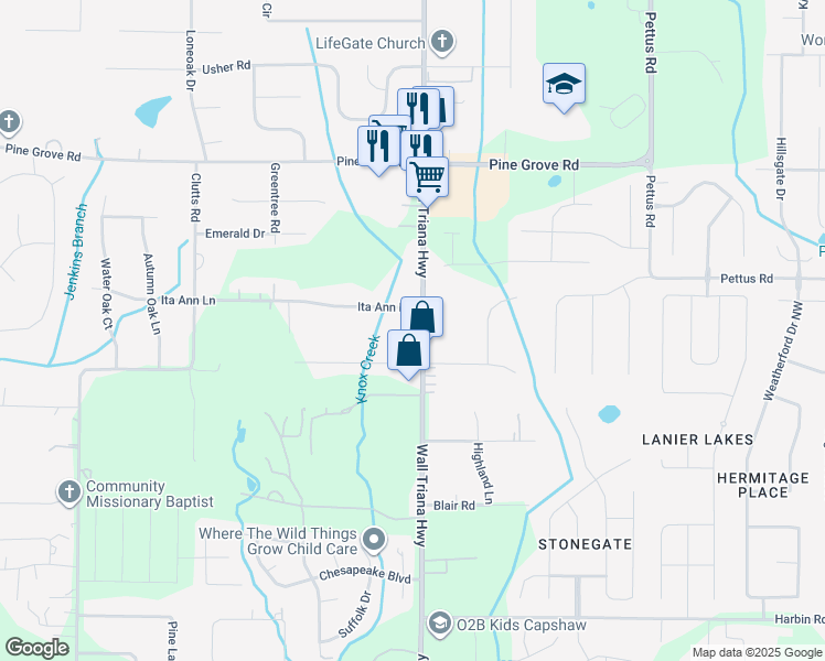 map of restaurants, bars, coffee shops, grocery stores, and more near 7010 Wall Triana Highway in Madison