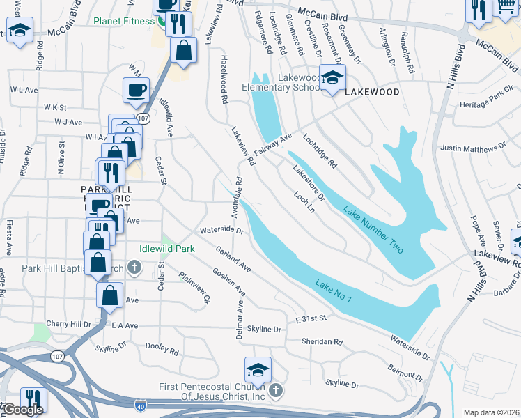 map of restaurants, bars, coffee shops, grocery stores, and more near 3600 Avondale Road in North Little Rock