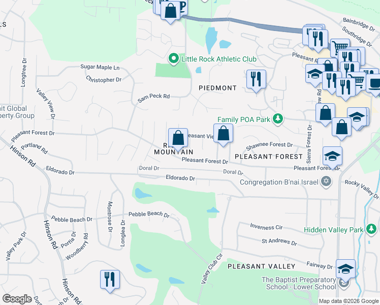 map of restaurants, bars, coffee shops, grocery stores, and more near 12717 Pleasant Forest Drive in Little Rock