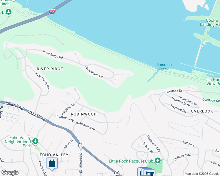 map of restaurants, bars, coffee shops, grocery stores, and more near 3 River Ridge Court in Little Rock