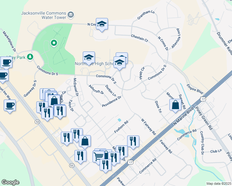 map of restaurants, bars, coffee shops, grocery stores, and more near 104 Durbin Lane in Jacksonville