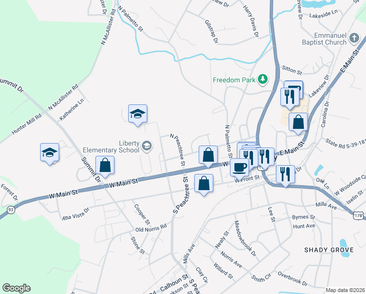 map of restaurants, bars, coffee shops, grocery stores, and more near 120 North Peachtree Street in Liberty
