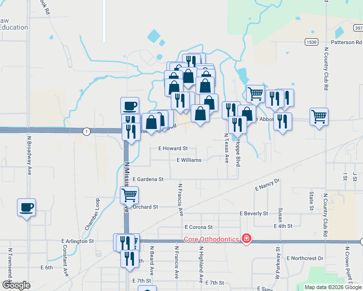 map of restaurants, bars, coffee shops, grocery stores, and more near 928 East Williams Street in Ada