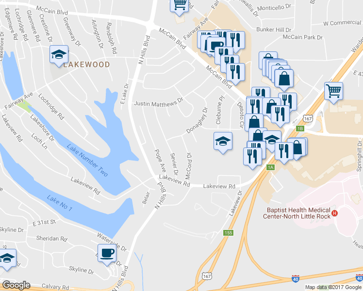 map of restaurants, bars, coffee shops, grocery stores, and more near 3513 McCord Drive in North Little Rock