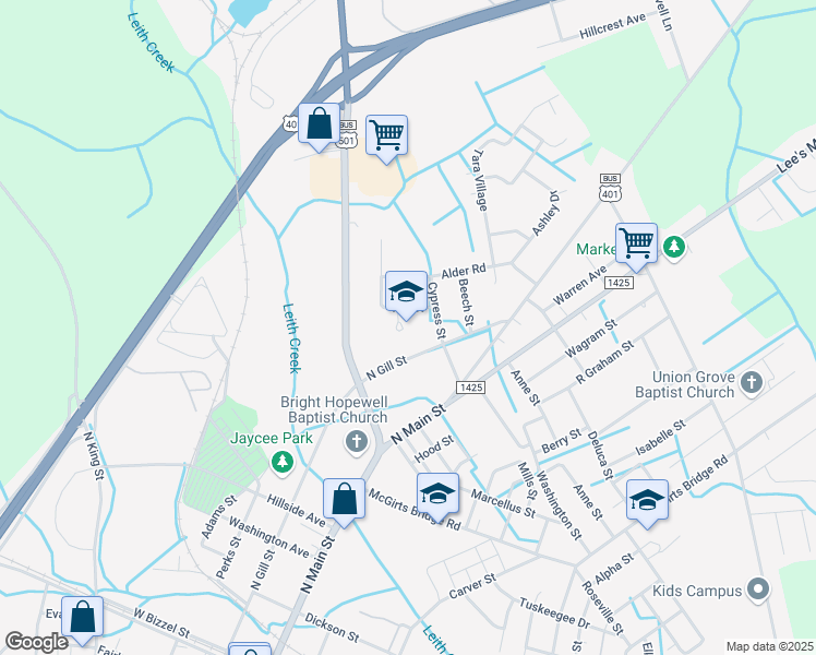 map of restaurants, bars, coffee shops, grocery stores, and more near 831 North Gill Street in Laurinburg