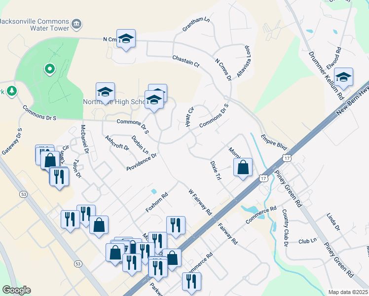 map of restaurants, bars, coffee shops, grocery stores, and more near 31 Dixie Trail in Jacksonville
