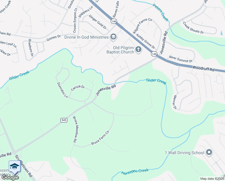 map of restaurants, bars, coffee shops, grocery stores, and more near 102 Bruce Farm Road in Simpsonville
