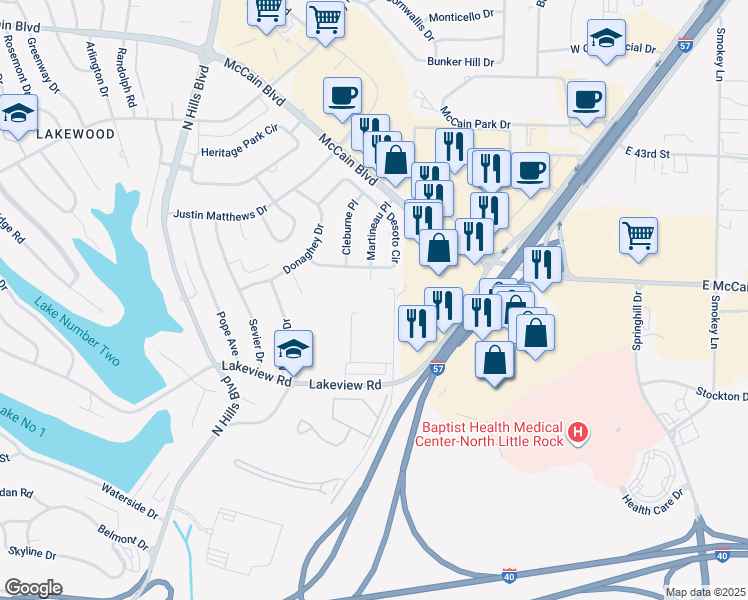map of restaurants, bars, coffee shops, grocery stores, and more near 2400 Lakeview Road in North Little Rock