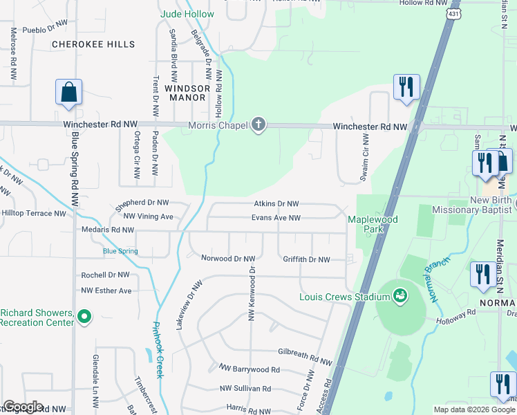 map of restaurants, bars, coffee shops, grocery stores, and more near 2213 Evans Avenue Northwest in Huntsville