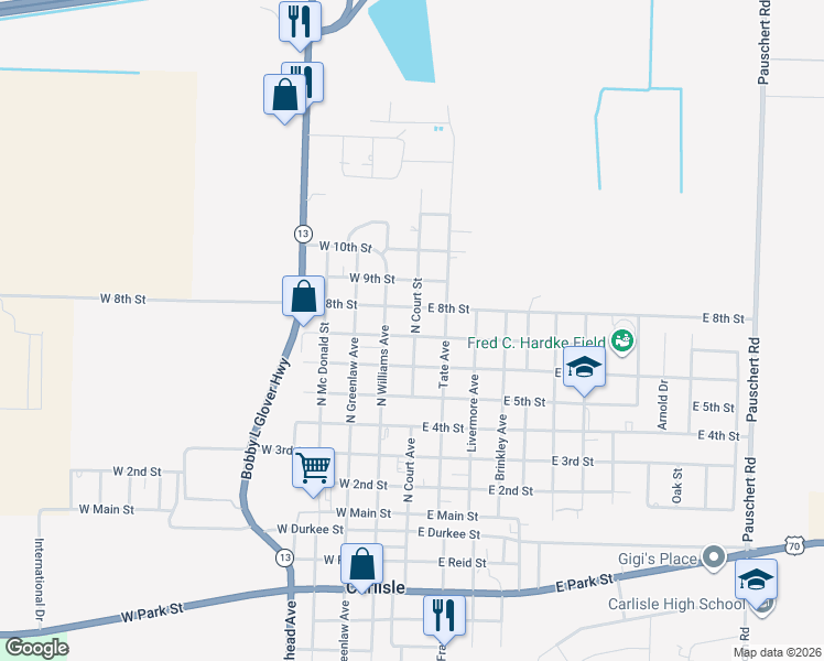 map of restaurants, bars, coffee shops, grocery stores, and more near 612 North Court Street in Carlisle