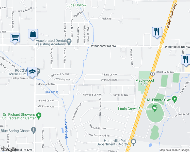 map of restaurants, bars, coffee shops, grocery stores, and more near 2223 Atkins Drive Northwest in Huntsville