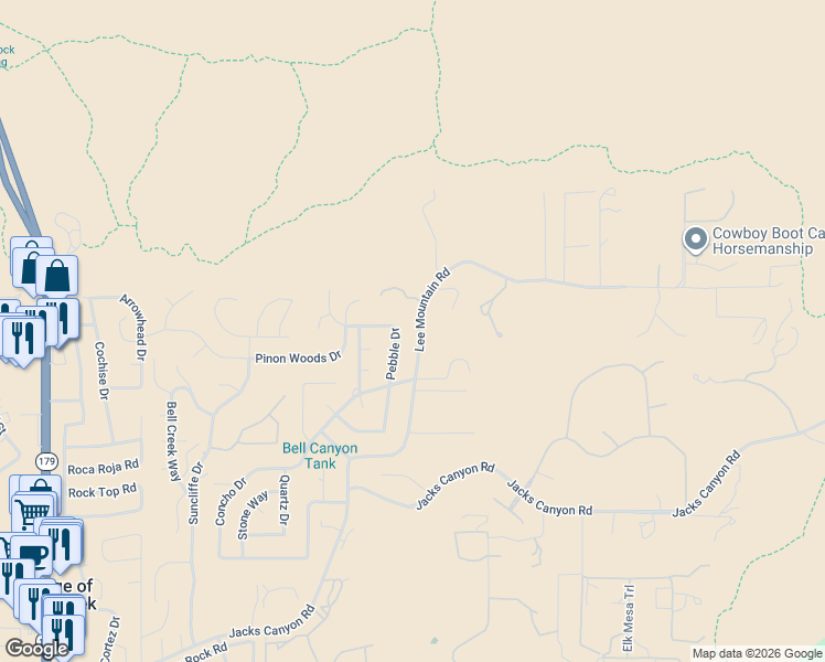 map of restaurants, bars, coffee shops, grocery stores, and more near 960 Lee Mountain Road in Sedona