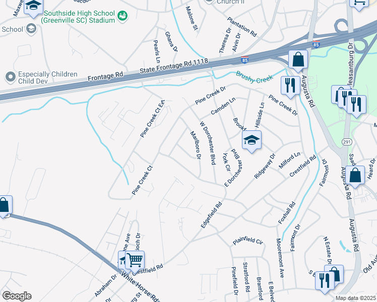 map of restaurants, bars, coffee shops, grocery stores, and more near 107 Lancaster Lane in Greenville