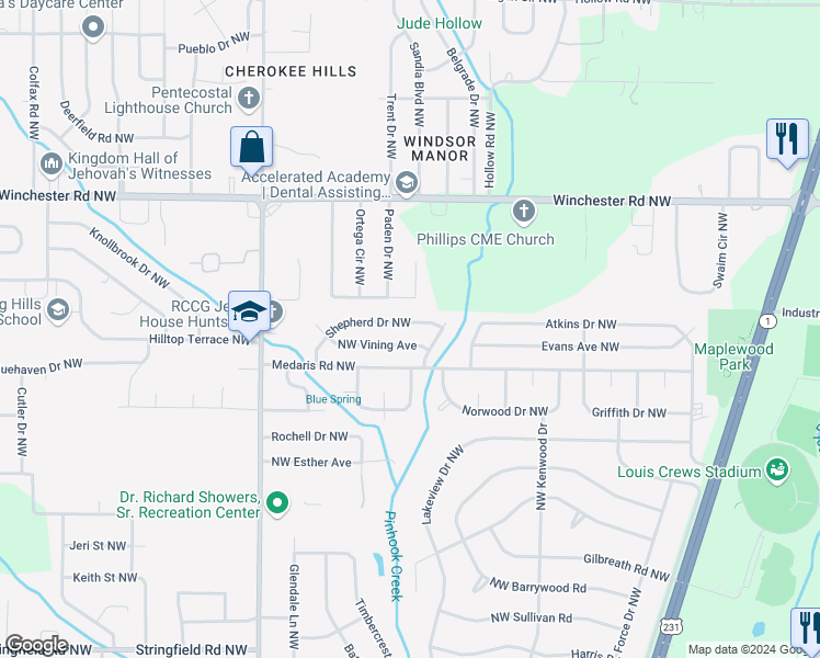 map of restaurants, bars, coffee shops, grocery stores, and more near 2409 Shepherd Drive Northwest in Huntsville